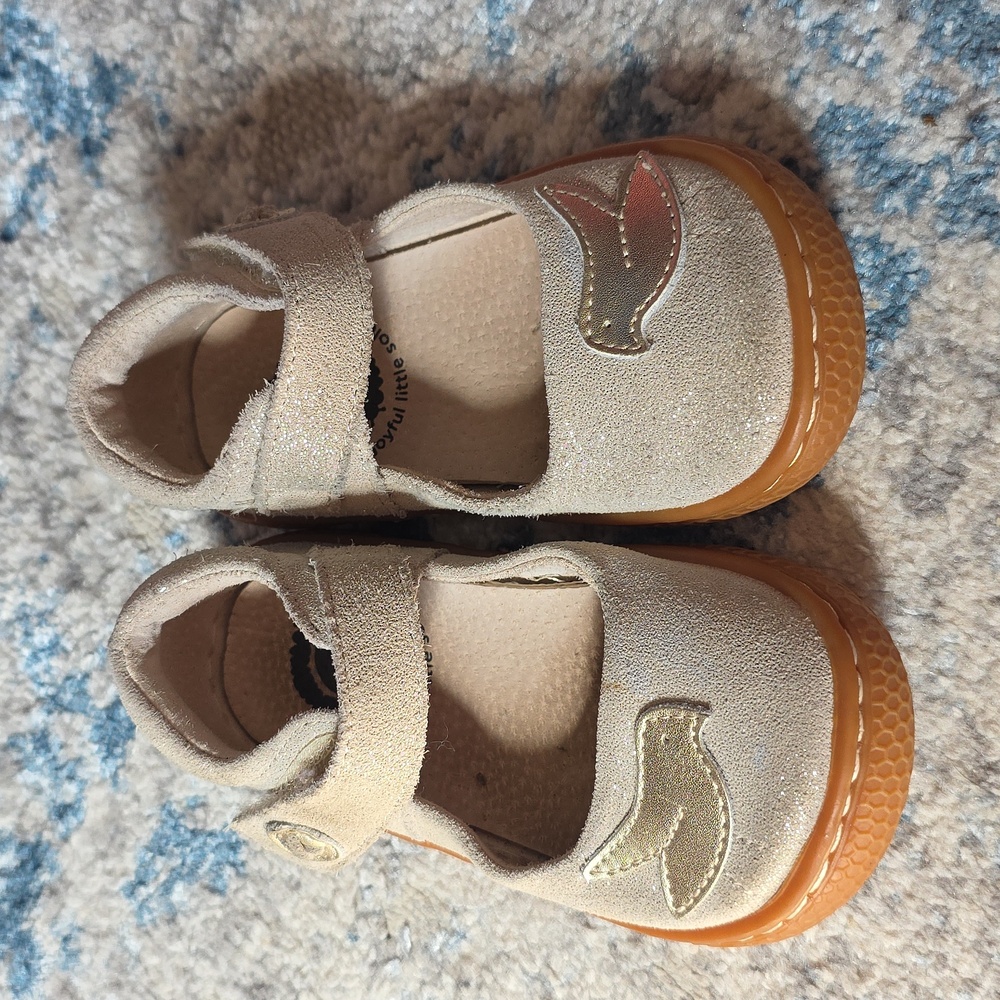 Livie & Luca Metallic Beige Mary Janes with Gold Bird Accent - Picture 2 of 5